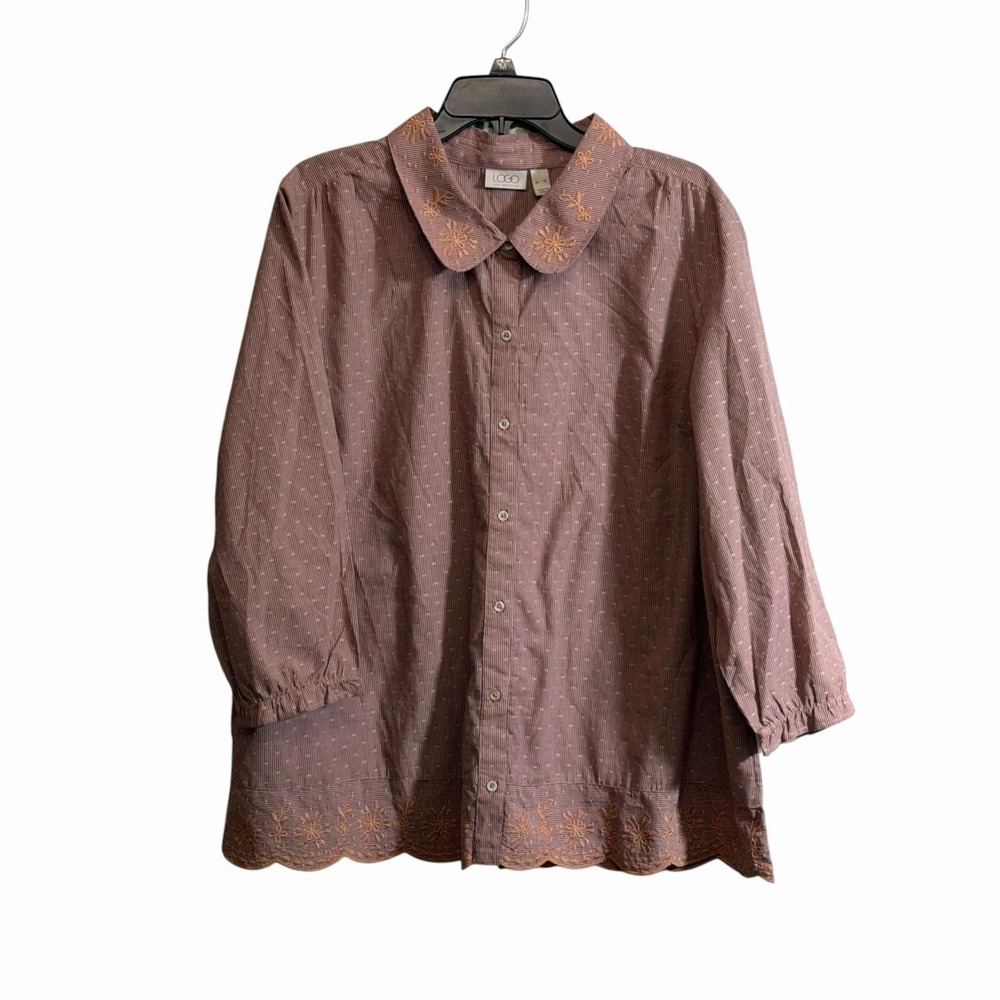 LOGO Lori Goldstein XL Blouse Embroidered Floral Peter Pan Collar
